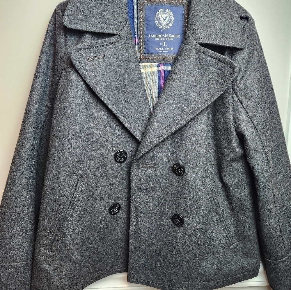 American Eagle Recycled Wool Blend Pea Coat Deadstock Grey Sz L NWT plaid lined - Picture 1 of 13